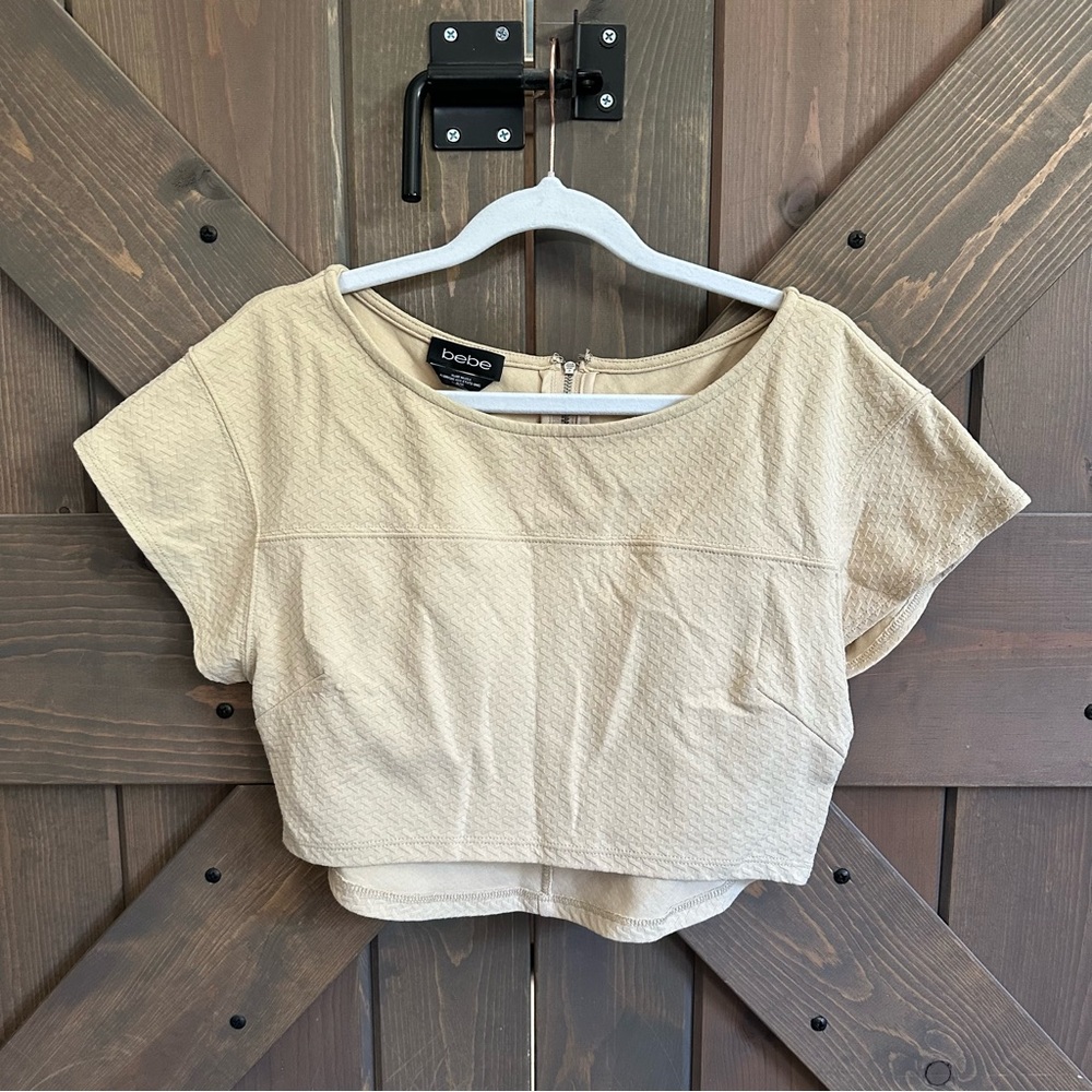 bebe Beige Textured Short-Sleeve Crop Top